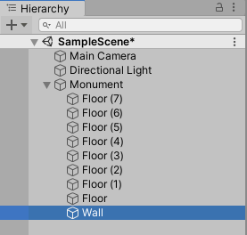 显示Wall GameObject作为Monument GameObject的子代的层次结构