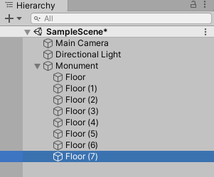 层次结构显示楼层和七个副本作为Monument GameObject的子级