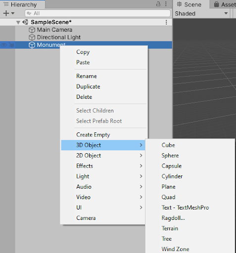 选择了Monument GameObject的Hierarchy窗口，显示了上下文菜单，其中选择了3D Object，并且在子菜单上列出了图元。
