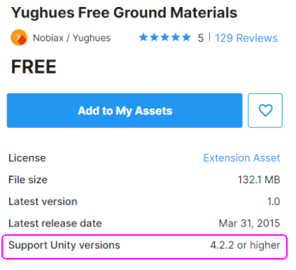 Yughes Free Ground Materials的信息部分，显示价格，许可证类型，文件大小，发行日期，版本号和Unity版本； 版本突出显示。