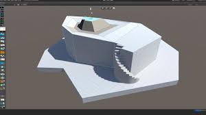 使用Unity中的ProBuilder工具创建的3D结构图像。 有一个螺旋楼梯连接较低的水平高度和升高的较高高度。 较高级别的一部分以浅蓝色突出显示，表示当前正在使用ProBuilder工具进行编辑。